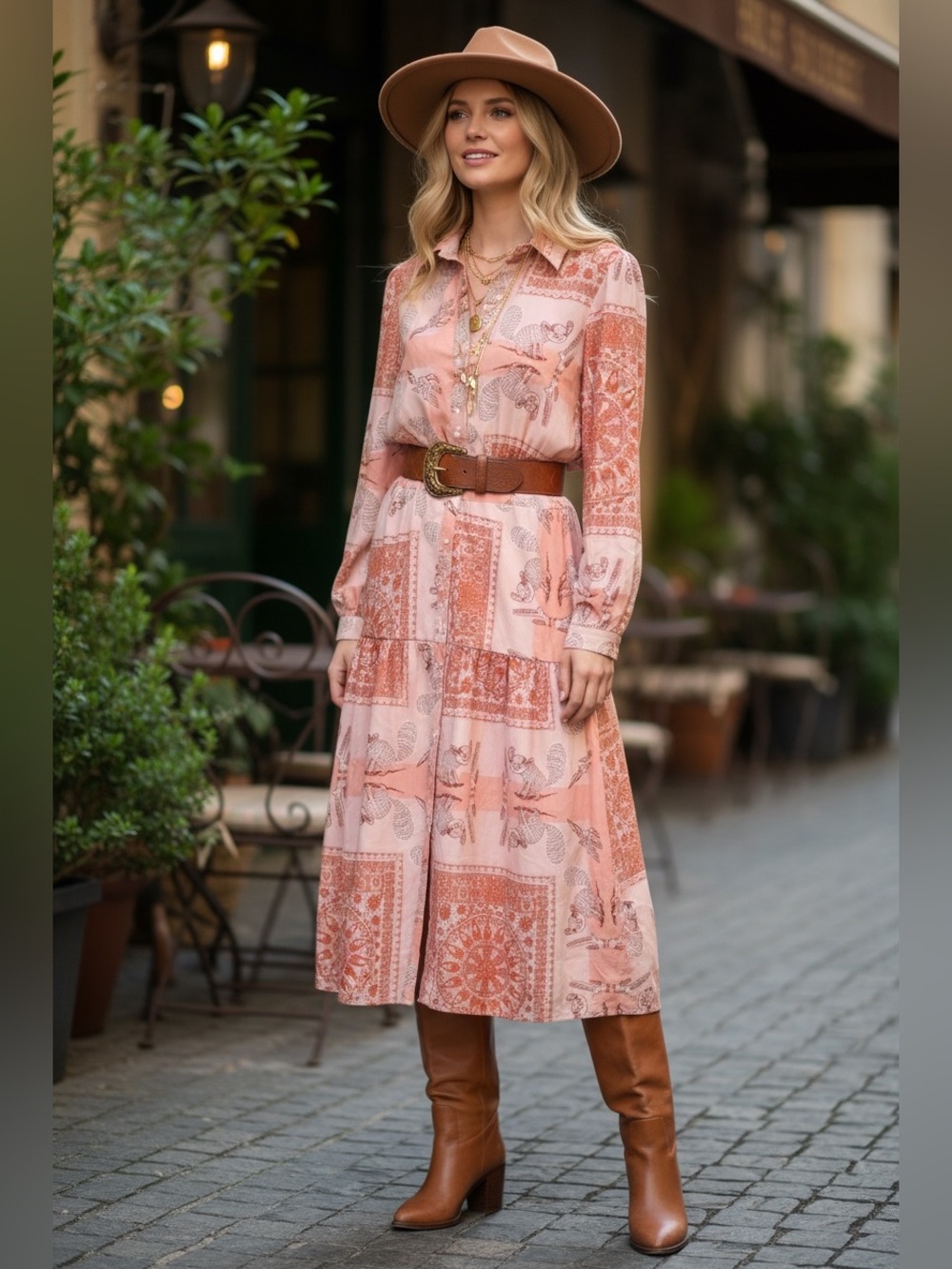 Pink Armadillo Print Prairie Midi Dress | Western Boho Novelty Shirt Dress